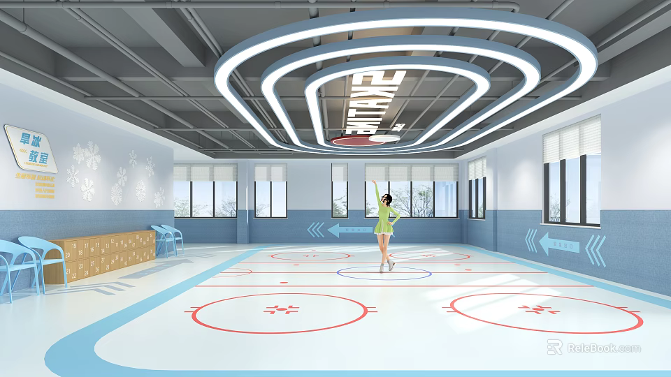 Indoor Playground Featuring Blue White Tones Circular Ceiling Lights Red Circular Floor Patterns And Windows 3d model
