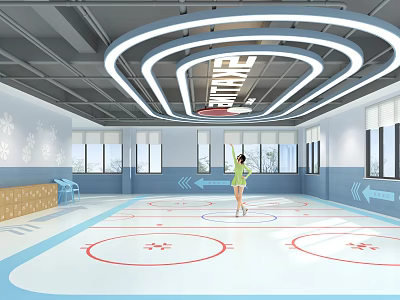 Indoor Playground Featuring Blue White Tones Circular Ceiling Lights Red Circular Floor Patterns And Windows 3d model