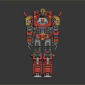 Red And Yellow Detailed Robot Model Standing On Black Base With Mechanical Design