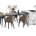 Modern Dining Table Set with Brown Chairs Marble Countertop and Greenery Vase 3d model