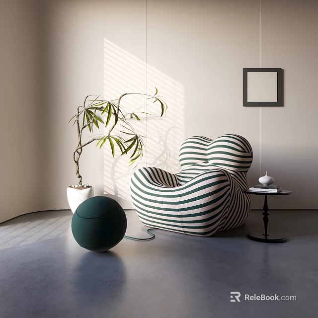 Stylish Striped Bean Bag Chair In Cozy Interior With Sunlight Plant And Side Table 3d model 