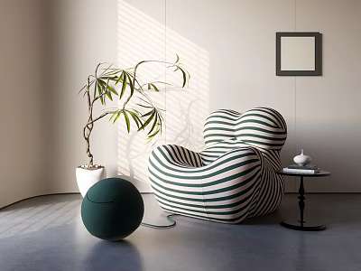 Stylish Striped Bean Bag Chair In Cozy Interior With Sunlight Plant And Side Table 3d model