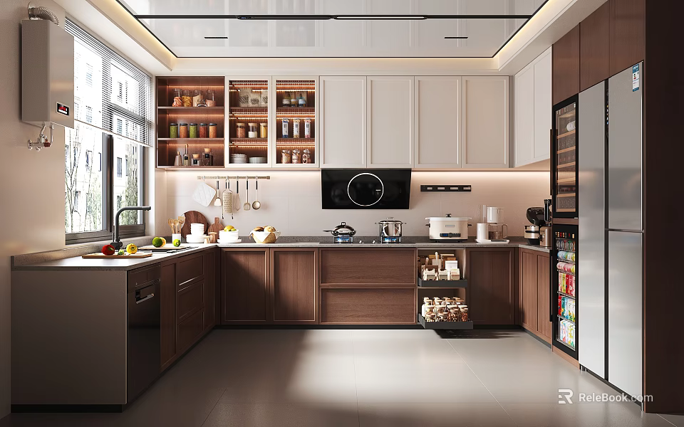Modern Kitchen Interior With Wooden Cabinets Island Counter And Stainless Steel Appliances 3d model 