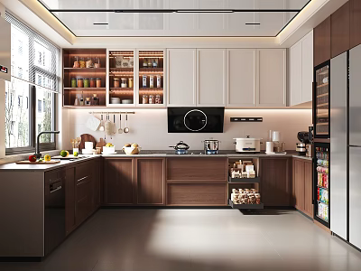 Modern Kitchen Interior With Wooden Cabinets Island Counter And Stainless Steel Appliances 3d model