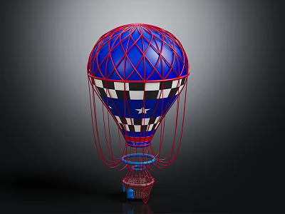 Colorful Hot Air Balloon with Red Framework Blue Surface Black White Checkered Star Patterns 3d model