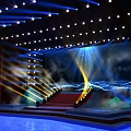 Professional Stage Setup With Bright Lights Red Carpeted Staircase And Digital Mountain Patterns 3d model