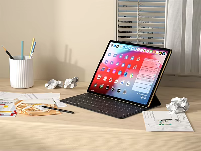 Modern Tablet With Keyboard On Desk Displaying App Icons Stationery And Crumpled Paper 3d model