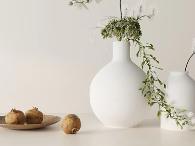 Decorative Ornament Set Featuring White Vases Green Plants And Fruits On Shallow Tray 3d model