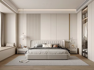 Elegant Modern Bedroom Interior Design With Striped Headboard Wall Bedside Tables And Area Rug 3d model