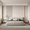 Elegant Modern Bedroom Interior Design With Striped Headboard Wall Bedside Tables And Area Rug