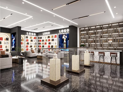 Modern Bookstore Interior With Bookshelves Filled With Books Sofas Display Pedestals And Marble Floor 3d model