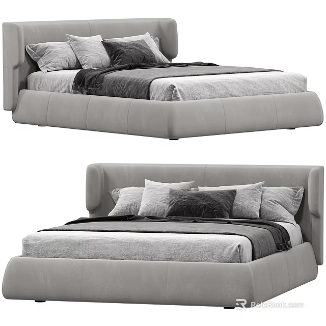 Modern Upholstered Double Bed With Soft Headboard Cozy Bedding And Decorative Pillows 3d model 