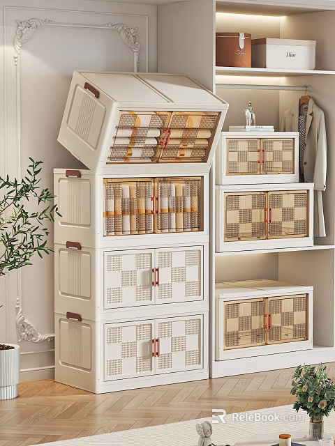 White Stackable Storage Boxes With Rattan Grid Design For Home Organization 3d model 