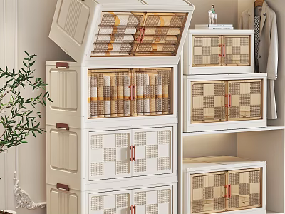 White Stackable Storage Boxes With Rattan Grid Design For Home Organization 3d model
