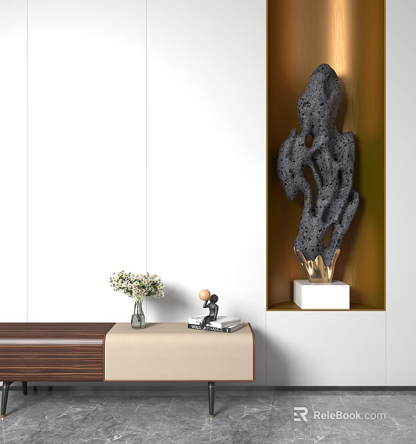 Abstract Black Stone Sculpture With Golden Accent Base In Modern Interior Decor Setting 3d model