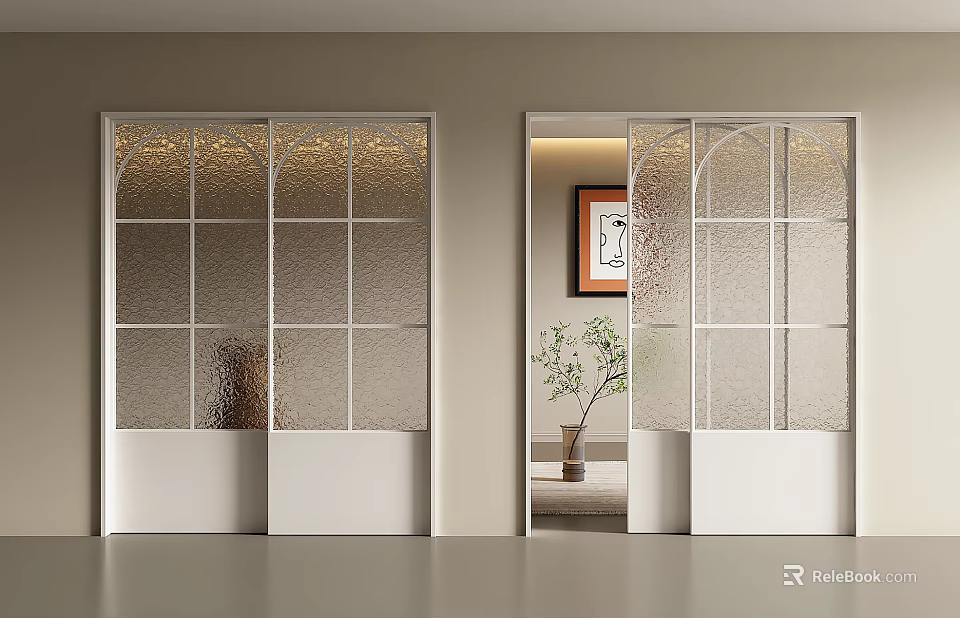 Sliding Doors With White Frame And Grid Patterned Glass In Interior Space 3d model 