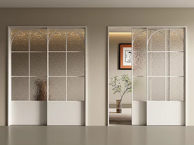 Sliding Doors With White Frame And Grid Patterned Glass In Interior Space 3d model