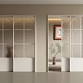 Sliding Doors With White Frame And Grid Patterned Glass In Interior Space