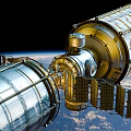 Space Station Module With Golden Exterior And Solar Panels Orbiting Earth