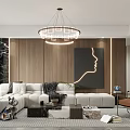 Living Dining Room Interior Design With Chandelier TV Wall Decorative Painting And Wooden Furniture