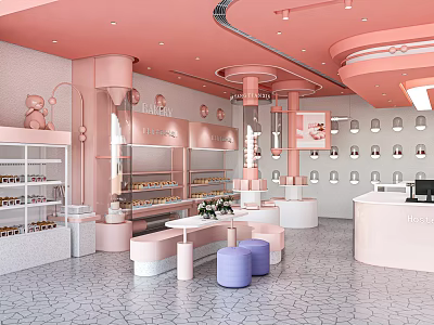 Pink Mall Dessert Shop With Cute Cozy Display Cabinets Cakes Counter And Small Round Stools 3d model