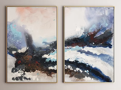 Two Panel Abstract Paintings With Pink Blue Purple Black And White Abstract Wall Art 3d model