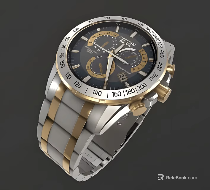 SEIKO Chronograph Watch With Black Dial Silver And Gold Stainless Steel Band 3d model 