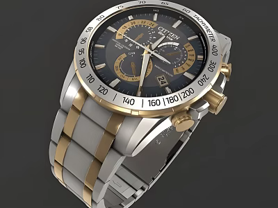 SEIKO Chronograph Watch With Black Dial Silver And Gold Stainless Steel Band 3d model