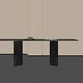 Dining Table With Modern Minimalist Design Marble Top Black Column Legs Green Plant And Book