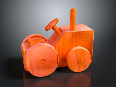 Orange Wooden Toy Tractor With Steering Wheel Chimney And Round Wheels 3d model