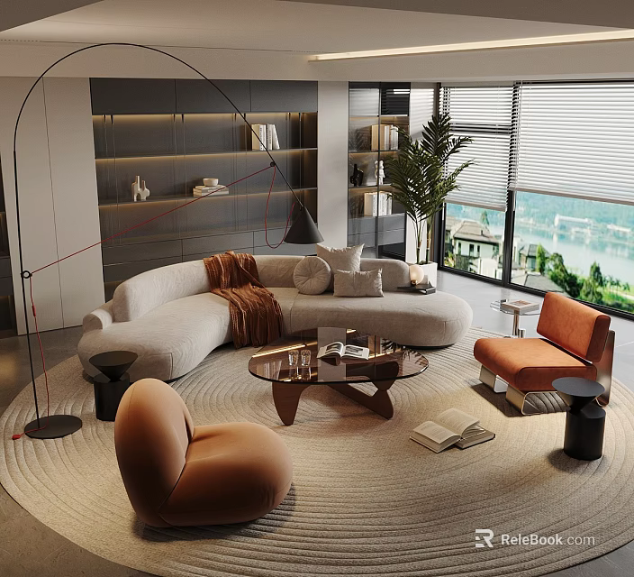 Modern Curved Sofa With Pillows And Throw Blanket And Circular Coffee Table With Orange Chairs 3d model 