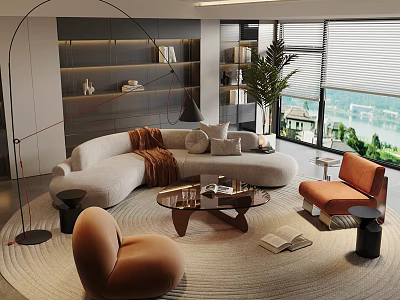 Modern Curved Sofa With Pillows And Throw Blanket And Circular Coffee Table With Orange Chairs 3d model