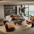 Modern Curved Sofa With Pillows And Throw Blanket And Circular Coffee Table With Orange Chairs