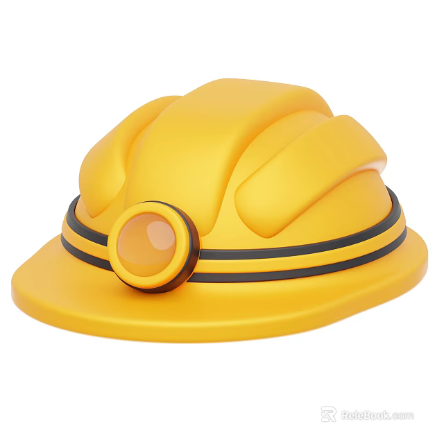 Yellow Safety Helmet With Black Stripes And Round Headlamp Design For Work Use 3d model 