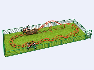 Outdoor Playground Equipment With Small Roller Coaster Track Cars Green Fence And Grassland 3d model