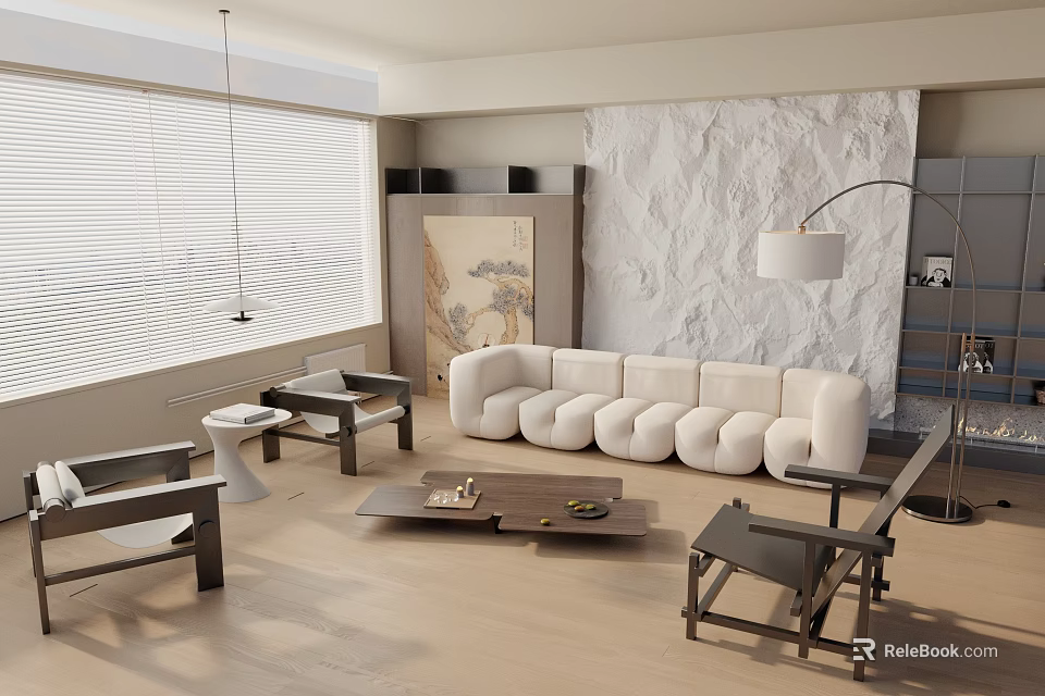 Modern Living Room Interior With White Sofa Large Window Blinds And Stone Wall 3d model 