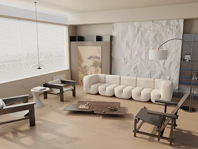 Modern Living Room Interior With White Sofa Large Window Blinds And Stone Wall 3d model