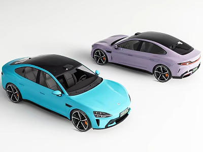 Two Modern Sports Cars Turquoise And Purple With Black Roofs Sleek Design 3d model