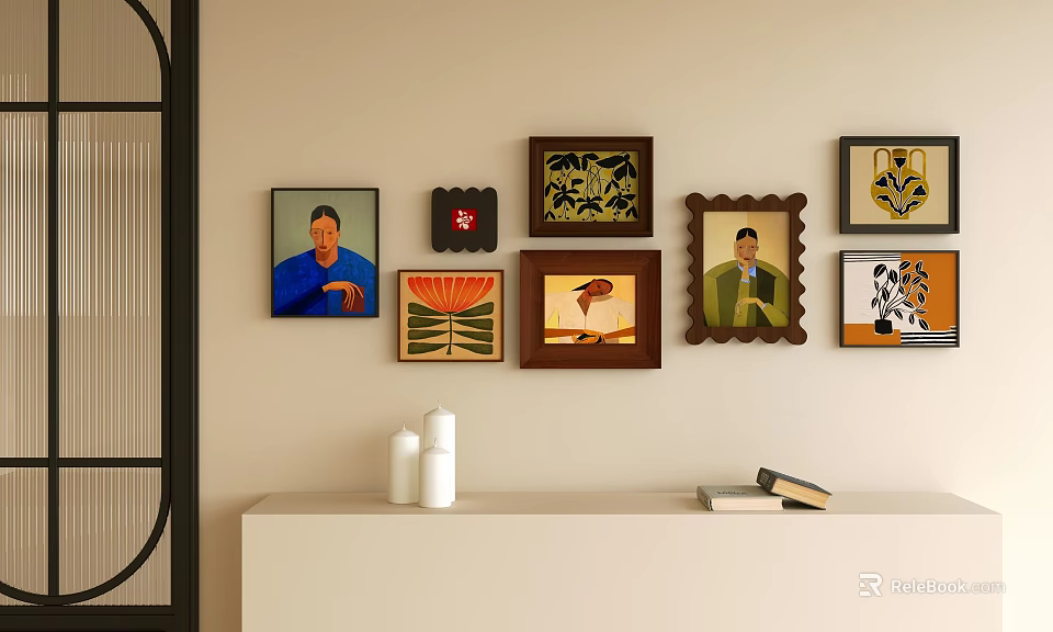 Diverse Framed Artworks on Beige Wall with White Candle and Books on Shelf 3d model