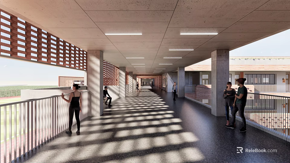 Spacious Modern Elevator Hallway With Bright Lighting Columns Railings And Pedestrians 3d model