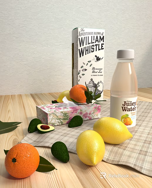 Decorative Ornament Set With Fruits Tissue Box Water Bottle Packaging And Cloth 3d model 