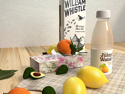 Decorative Ornament Set With Fruits Tissue Box Water Bottle Packaging And Cloth 3d model