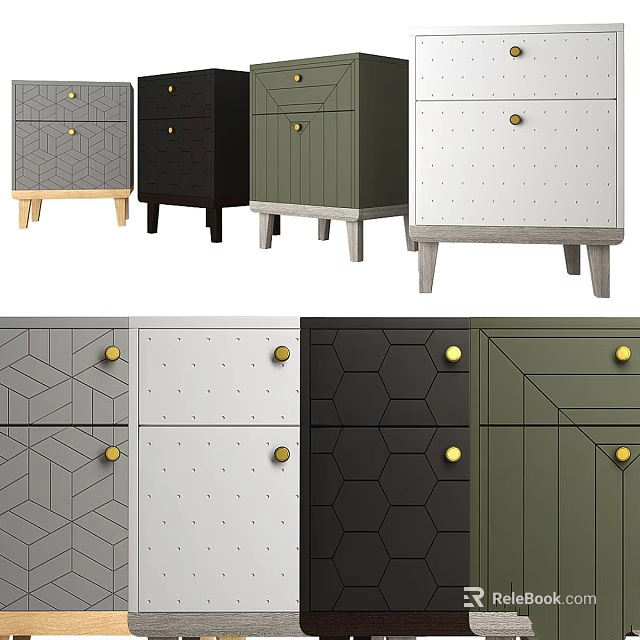 Stylish Modern Nightstands With Geometric Patterns Golden Knobs And Various Colors 3d model