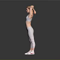 Fit Woman Stretching Arms Overhead in Sports Bra and Athleisure Pants on Neutral Background