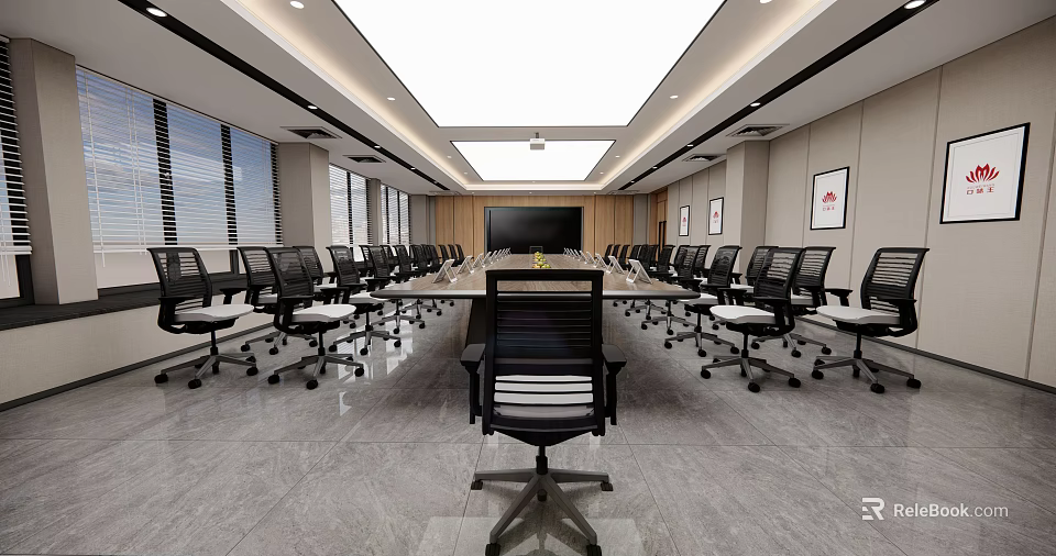 Modern Spacious Conference Room With Long Table Office Chairs And Large Screen 3d model