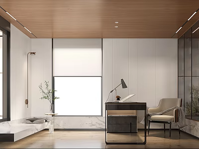 Modern Study Room Interior With Desk Chair Green Plant And Large Window 3d model