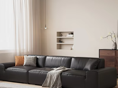 Black Leather Double Sofa With Beige Wall White Curtains And Orange Grey Cushions Throw Blanket 3d model