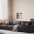 Black Leather Double Sofa With Beige Wall White Curtains And Orange Grey Cushions Throw Blanket