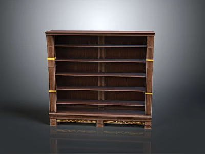 Brown Wooden Bookshelf Featuring Multiple Shelves Golden Accents And Decorative Base 3d model