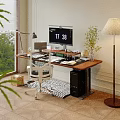 Modern Home Office Desk with Computer Monitor Chair Floor Lamp and Green View